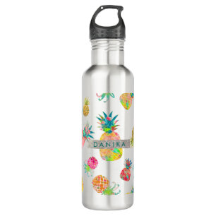 PixDezines Aloha Ananas+BlumenAquarell Edelstahlflasche