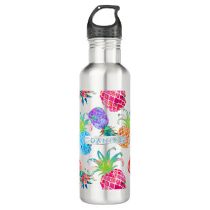 PixDezines Aloha Ananas+BlumenAquarell Edelstahlflasche