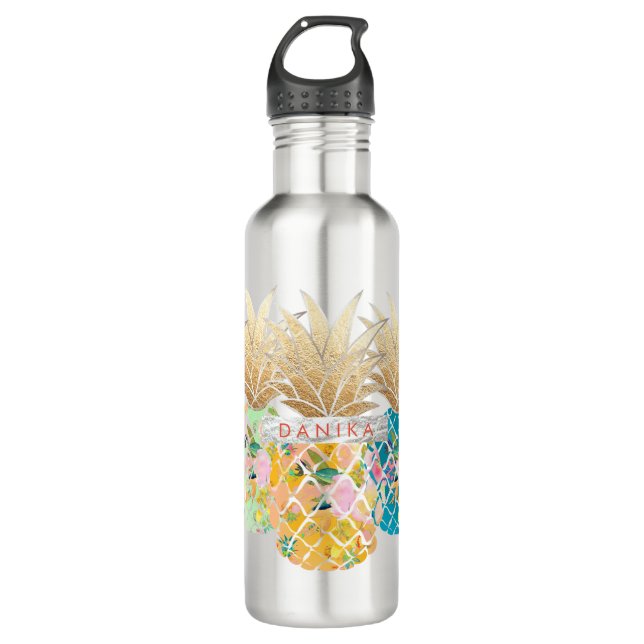 PixDezines Aloha Ananas+Floral Wasserfarbe Trinkflasche (Vorderseite)