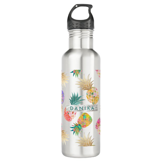 PixDezines Aloha Ananas+Floral Wasserfarbe Trinkflasche (Vorderseite)
