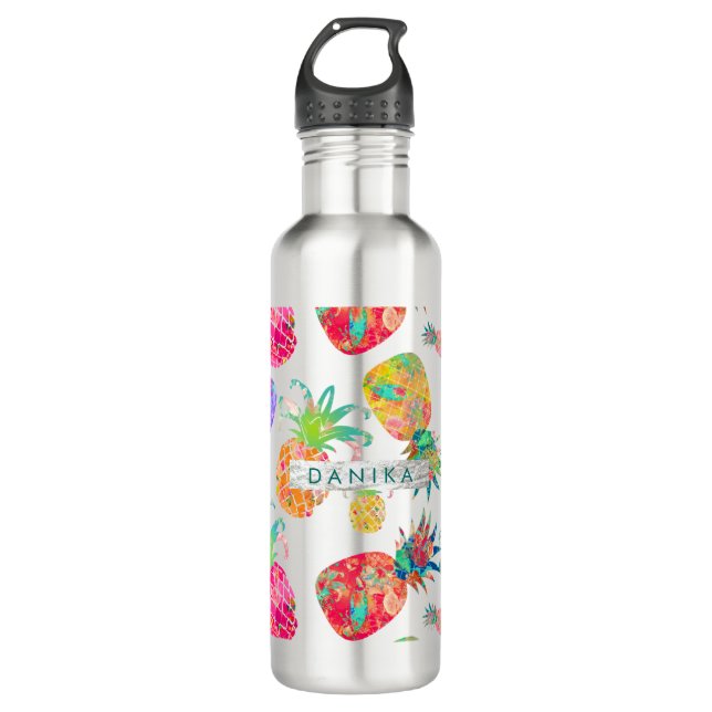 PixDezines Aloha Ananas+Floral Wasserfarbe Trinkflasche (Vorderseite)
