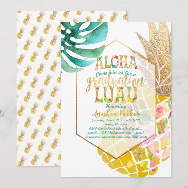PixDezines Aloha Ananas/Golden/Abschluss Luau Einladung (Vorne/Hinten)
