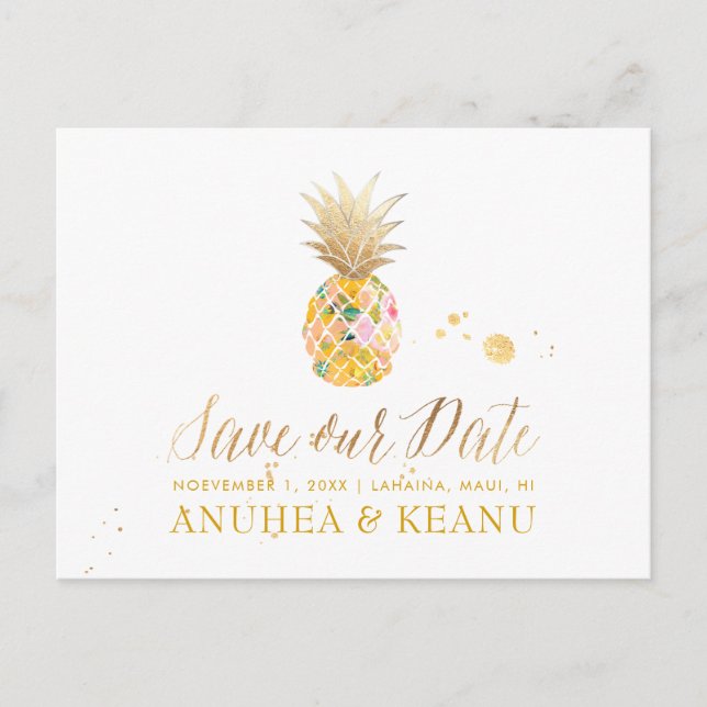 PixDezines Aloha Ananas/Golden/Save the Date Ankündigungspostkarte (Vorderseite)