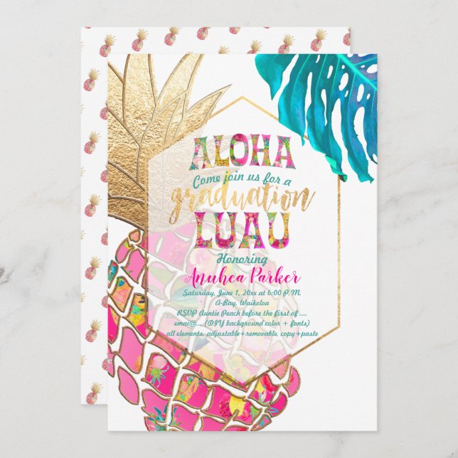 PixDezines Aloha Ananas/Pink/Abschluss Luau Einladung (Vorne/Hinten)