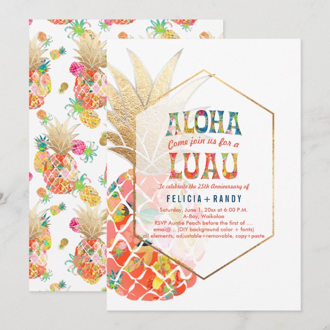 PixDezines Aloha Hawaiian Ananas/Orange/DIY Einladung (Vorne/Hinten)