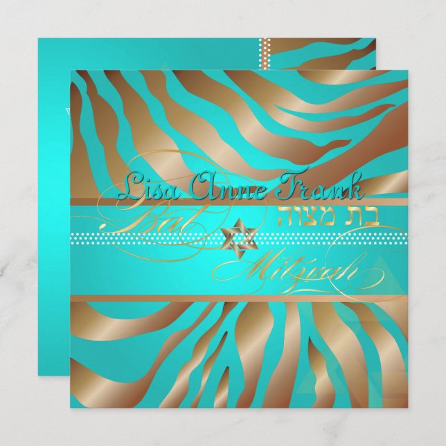 PixDezines Aqua+Tan Zebra Streifen, Bat Mitzvah Einladung (Vorne/Hinten)