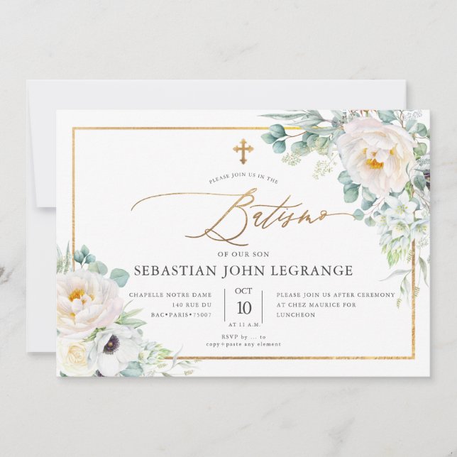 PixDezines AquarelaPeônias Eucalipto Batismo Einladung (Vorderseite)