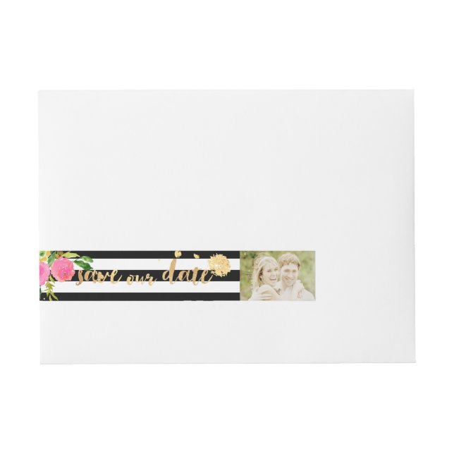 PixDezines Aquarell/Blumen/Streifen/Gold Rundum-Adressaufkleber (Vorderseite)