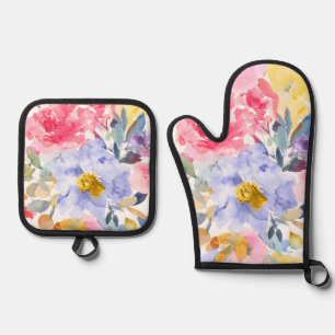 PixDezines Aquarell Sommergarten Rosen Ofenhandschuh & Topflappen-Set