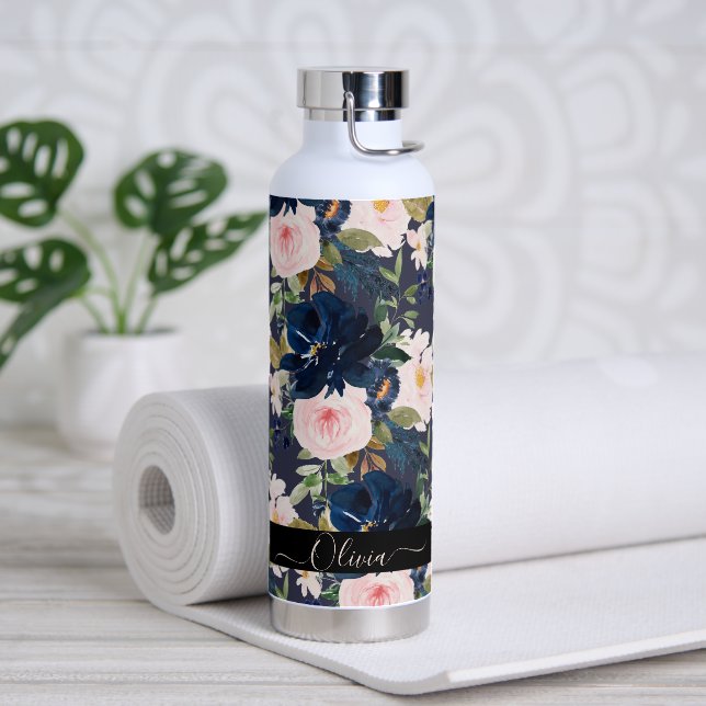 PixDezines Aquarellfarben Blume Blush Navy Trinkflasche (Yoga)