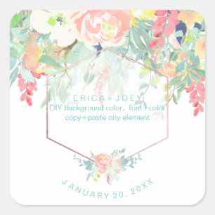 PixDezines Aquarellpeonies Peach+Mint Quadratischer Aufkleber