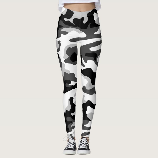 PixDezines Arktische Camouflage, Schwarz/Weiß/Grau Leggings (Vorderseite)