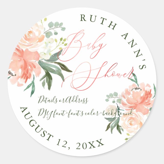PixDezines Babydusche, Blumenwasser, Pfirsich Runder Aufkleber (Vorderseite)