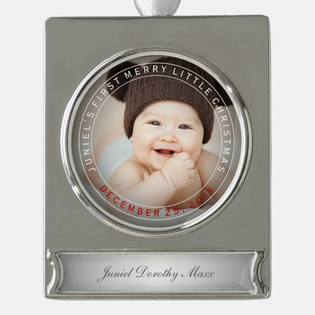PixDezines Baby's First Christmas Holiday Foto Banner-Ornament Silber (Vorderseite)