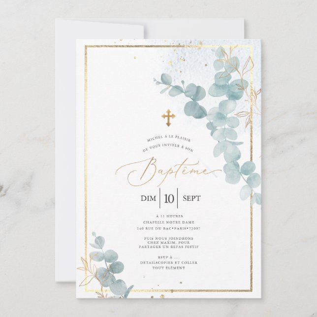 PixDezines Baptême d'Eucalyptus Rustique Aquarelle Einladung (Vorderseite)