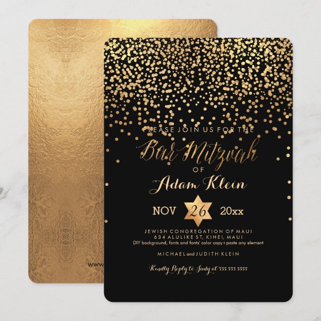 PixDezines Bar Mitzvah/Imitats Gold Confetti Einladung (Vorne/Hinten)
