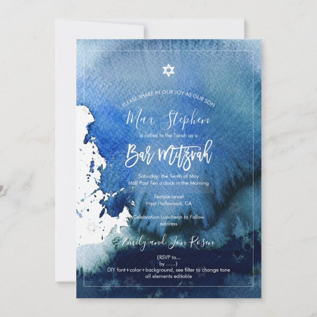 PixDezines Bar Mitzvah |Navy Blue Watercolor Einladung (Rückseite)