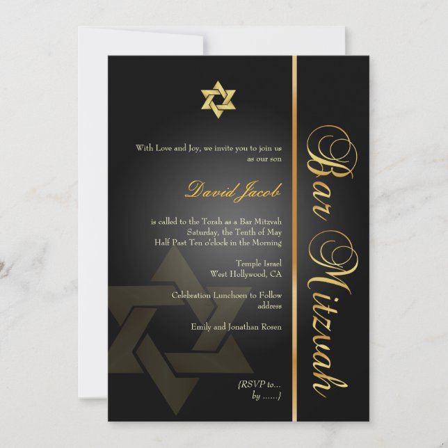 PixDezines BAR MITZVAH/STAR DAVID/GOLD+BLACK Einladung (Vorderseite)