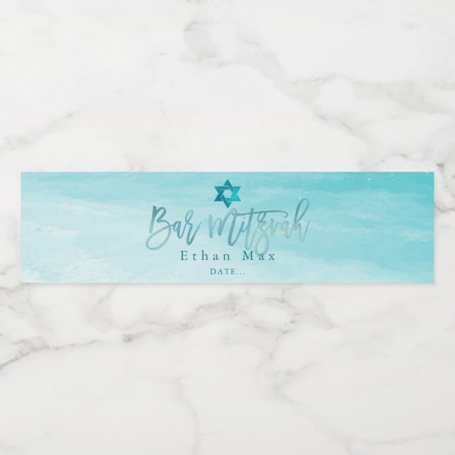 PixDezines Bar Mitzvah Wasserfarbe Strand Wasserflaschenetikett (Einzelnes Label)