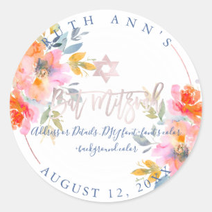 PixDezines Bat Mitzvah, Floral Watercolor, Ombre Runder Aufkleber