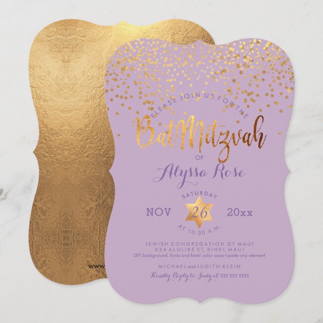 PixDezines Bat Mitzvah/Imitats Gold Confetti Einladung (Vorne/Hinten)