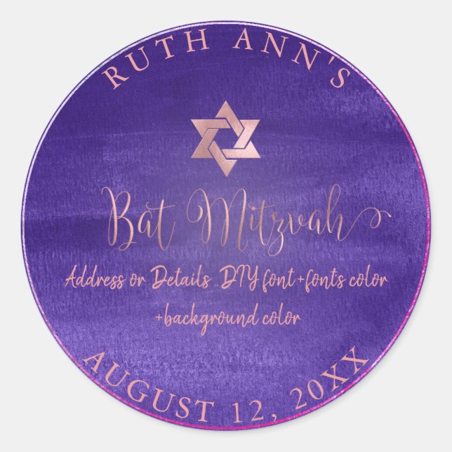 PixDezines Bat Mitzvah, Lila Wasserfarbe Violett Runder Aufkleber (Vorderseite)