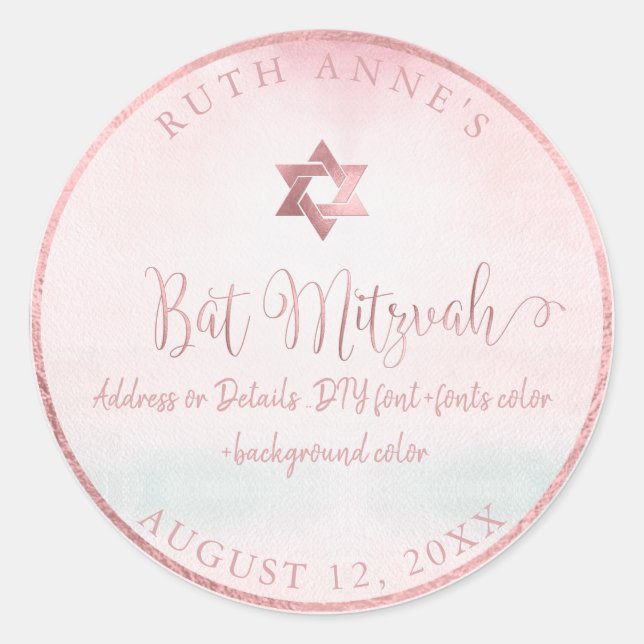 PixDezines Bat Mitzvah Pink Wasserfarbe Runder Aufkleber (Vorderseite)