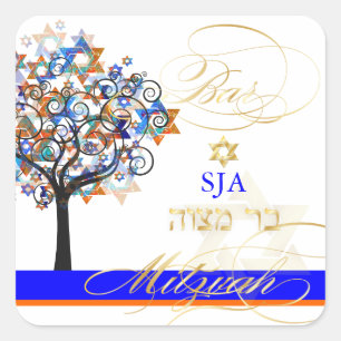 PixDezines-Baum des Lebens+Sterne/Bar Mitzvah Quadratischer Aufkleber