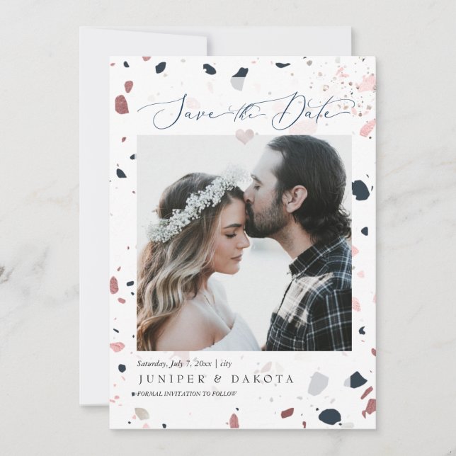 PixDezines Blue Blush Terrazzo, Foto Rett Datum Einladung (Vorderseite)