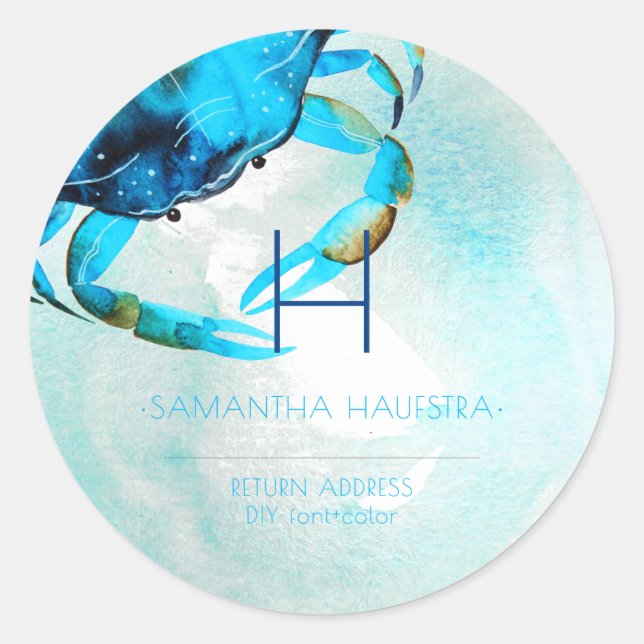 PixDezines Blue Crab Monogram Beach Runder Aufkleber (Vorderseite)
