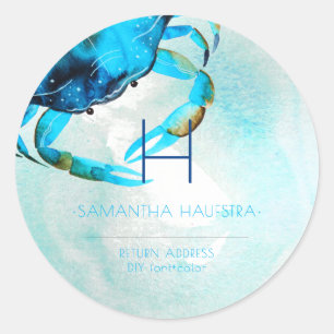 PixDezines Blue Crab Monogram Beach Runder Aufkleber