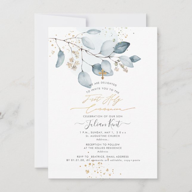 PixDezines Blue Gum Eukalyptus 1. Heilige Kommunio Einladung (Vorderseite)