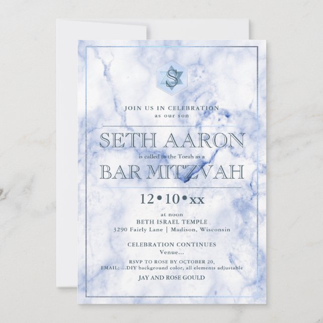 PixDezines Blue Marble Honeycomb BarMitzvah ✡ Einladung (Rückseite)