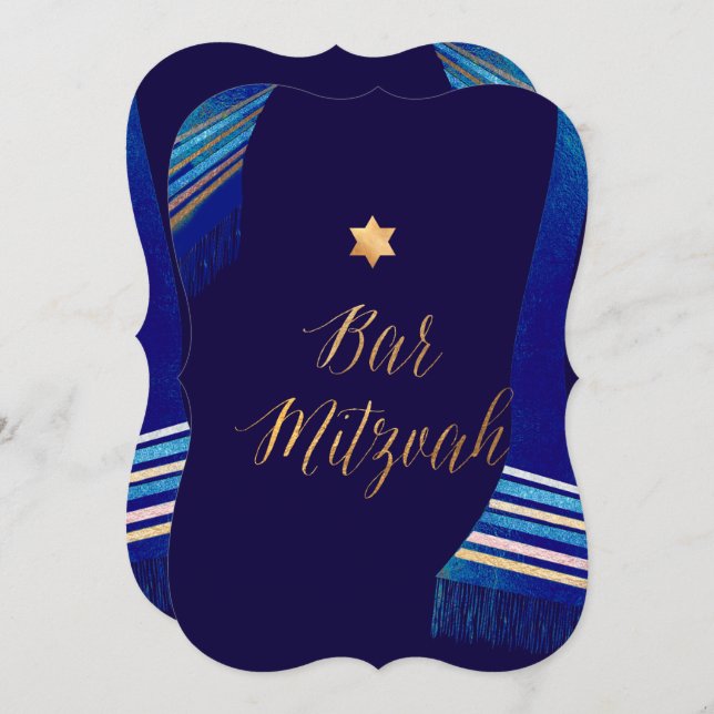 PixDezines ✡ Blue Tallit Bar Mitzvah Einladung (Vorne/Hinten)