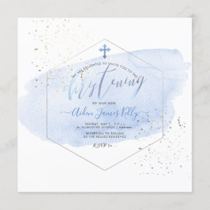 PixDezines Blue Watercolor+Honeycomb Christening Einladung