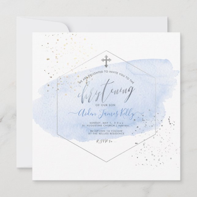 PixDezines Blue Watercolor+Honeycomb Christening Einladung (Vorderseite)