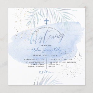 PixDezines Blue Watercolor Palms Christening Einladung