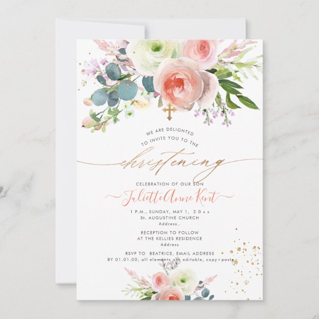 PixDezines Blush Aquarellpeonies Christening Einladung (Vorderseite)