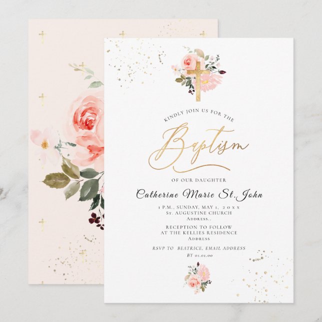 PixDezines Blush Pink Aquarell Rose Taufe Einladung (Vorne/Hinten)