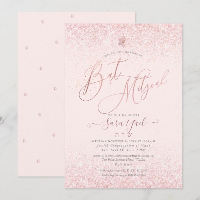 PixDezines Blush Pink Imitats Glitzer Bat Mitzvah Einladung (Vorne/Hinten)