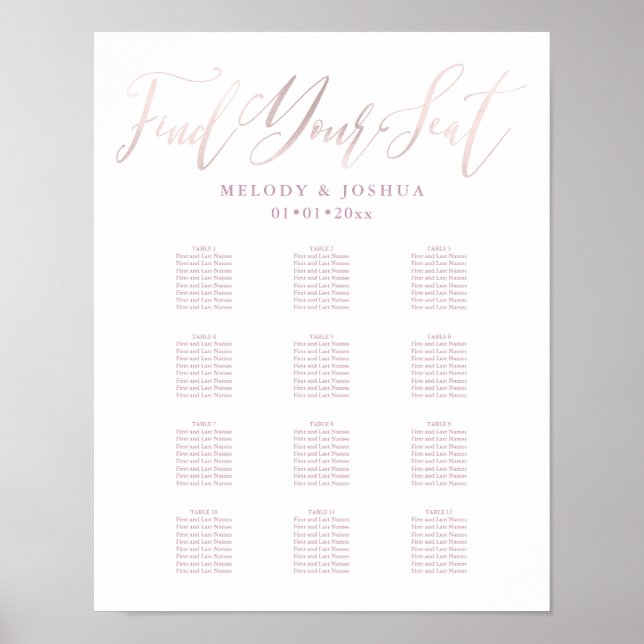 PixDezines Blush Pink Kalligraphie, Seating Chart Poster (Vorne)