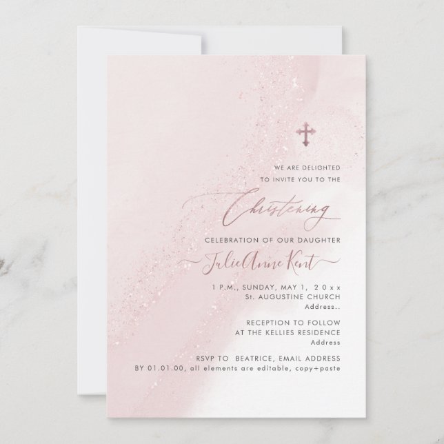 PixDezines Blush Pink Rose Gold Christening Einladung (Vorderseite)
