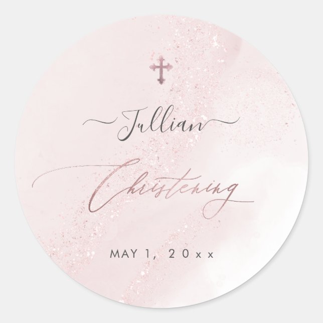 PixDezines Blush Pink Rose Gold Christening Runder Aufkleber (Vorderseite)