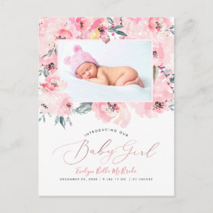 PixDezines Blush Wasserfarbene Peonies Girl Birth Postkarte