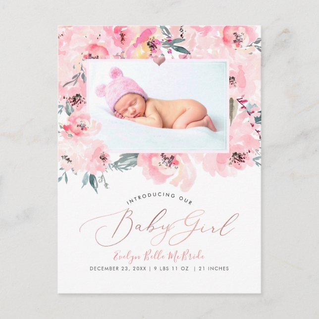 PixDezines Blush Wasserfarbene Peonies Girl Birth Postkarte (Vorderseite)