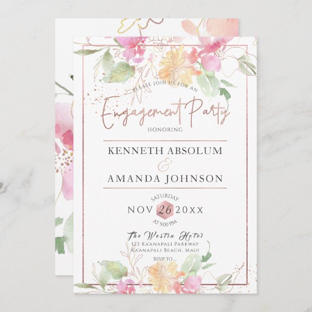 PixDezines Blushing Romance, Aquarellfarben-Blume Einladung (Vorne/Hinten)