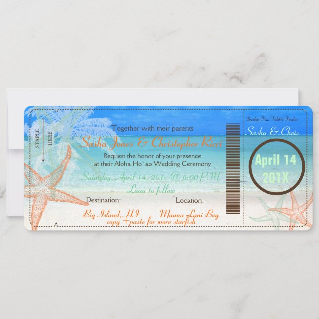 PixDezines Boarding Pass+Beach Hochzeit Einladunge Einladung (Vorderseite)