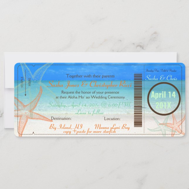 PixDezines Boarding Pass+Beach Hochzeit Einladunge Einladung (Vorderseite)