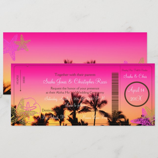 PixDezines Boarding Pass+Tropical Sunset A Bay Einladung (Vorne/Hinten)