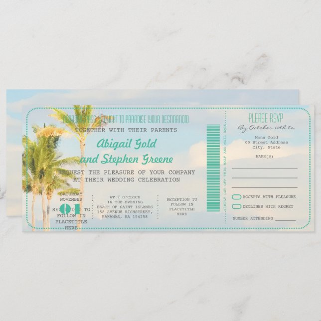 PixDezines Boarding Pass+Vintage Hochzeit am Stran Einladung (Vorne/Hinten)